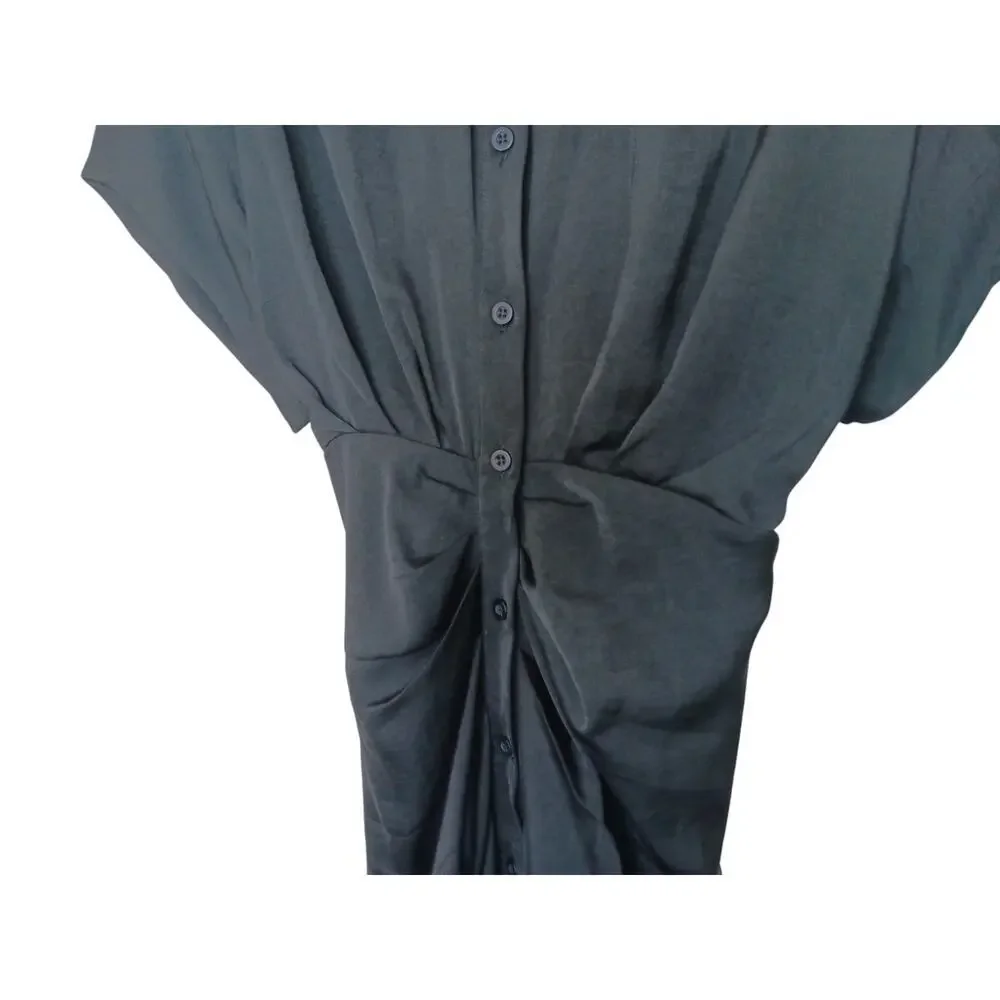 Haute Fox 3X Black Button Front Midi Dress Ruched Draped Hem Collared Plus Size - Picture 6 of 12